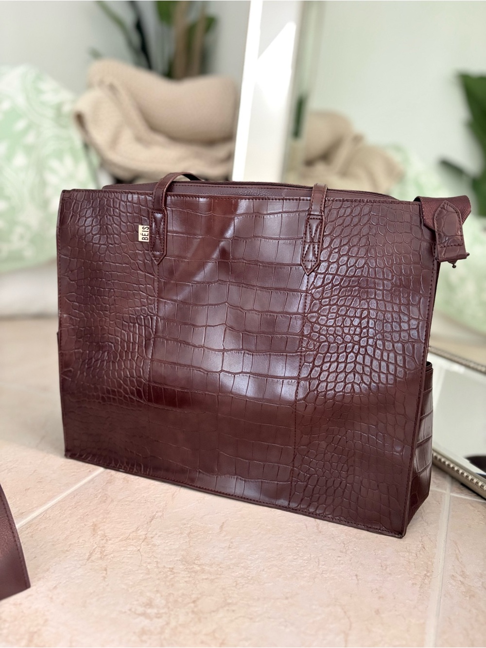 BEIS large brown work tote in crocodile + separate laptop zipper case & strap